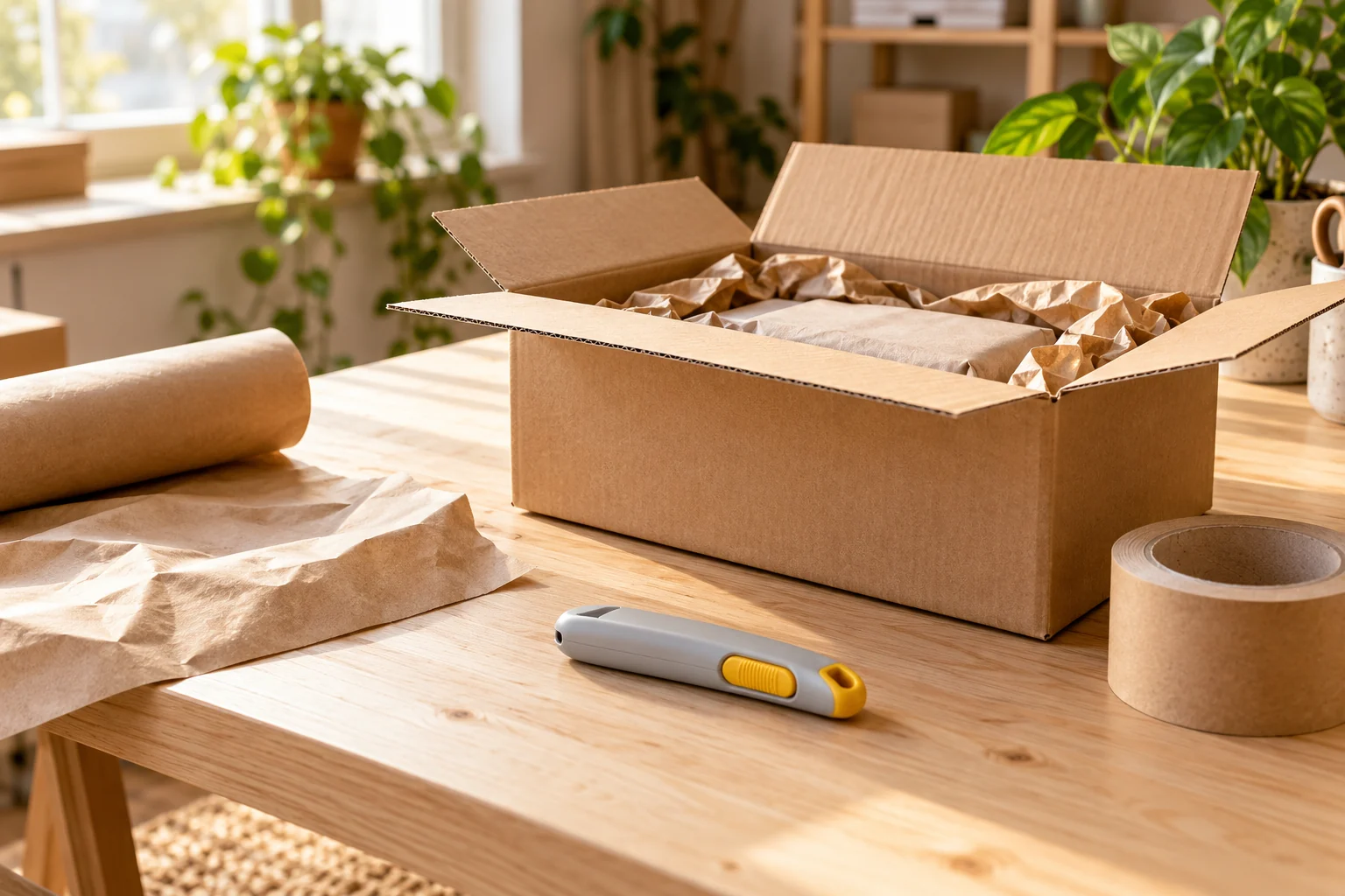 Cutter à lame protégée sans marque près d’un carton ouvert sur une table en bois