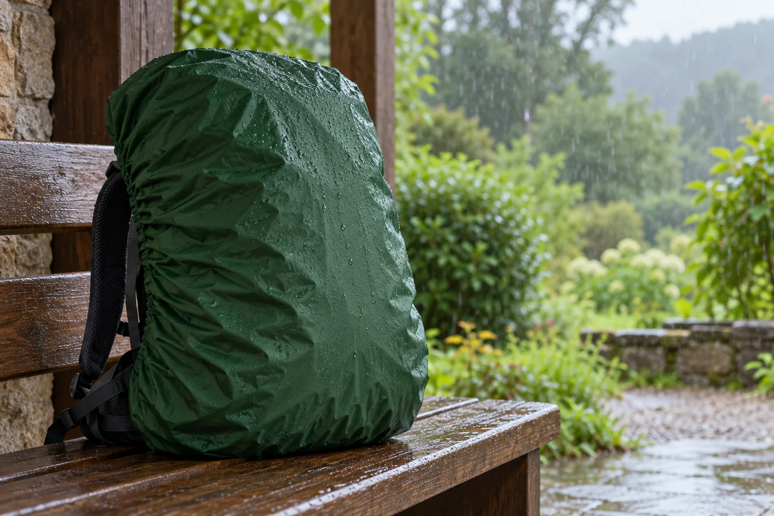 Sac à dos couvert d’une housse de pluie sur un banc abrité, illustration de voyage