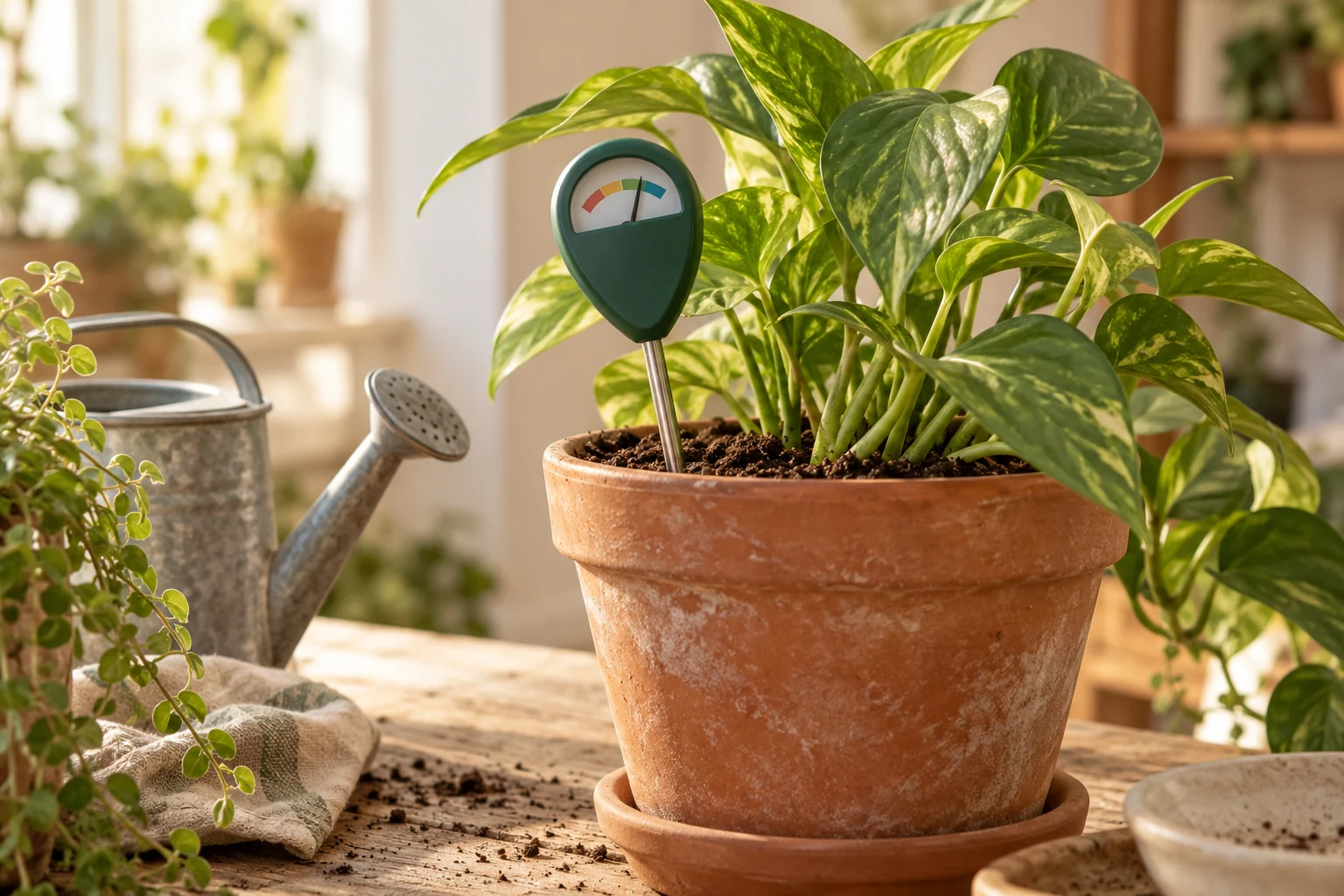 Illustration : sonde d’humidité et plante en pot
