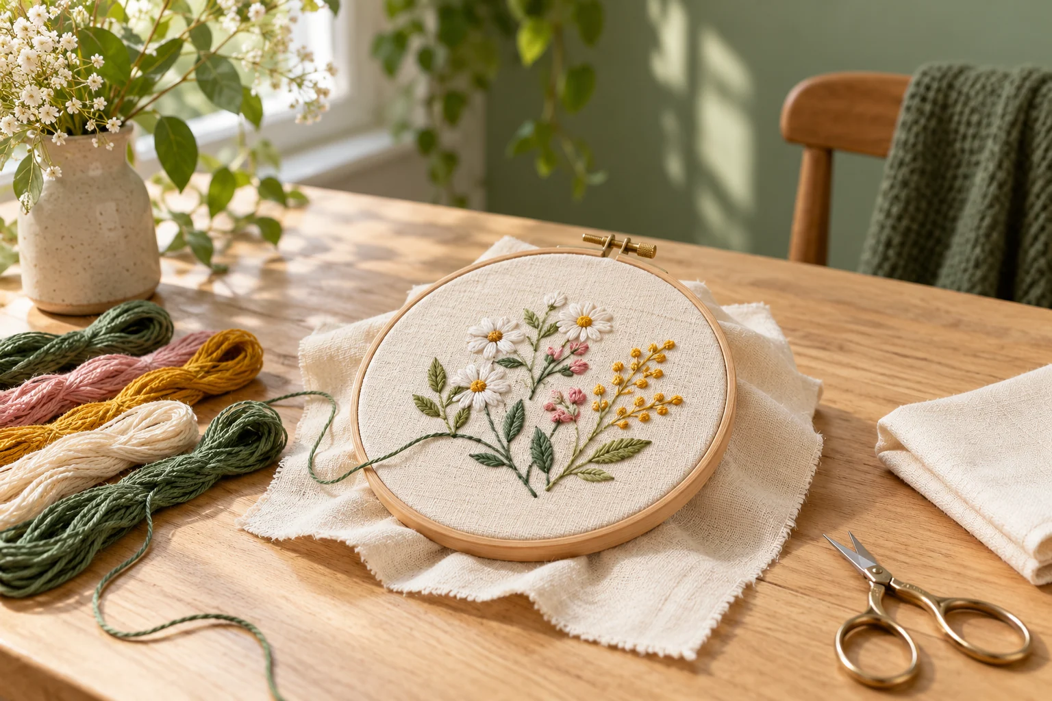 Tambour et fils à broder sur une table lumineuse, illustration d’un atelier de broderie débutant
