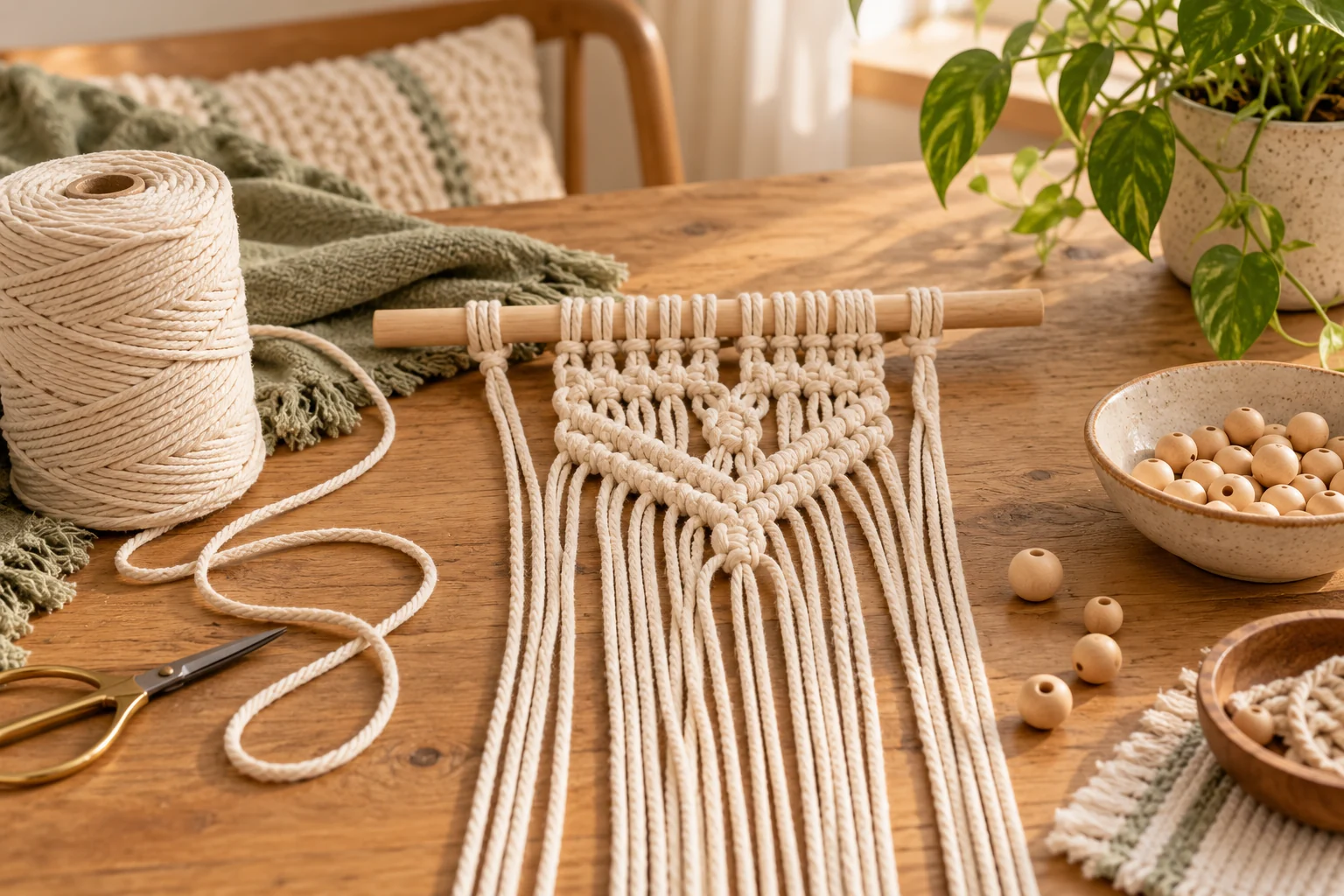 Illustration : premier ouvrage en macramé et corde de coton