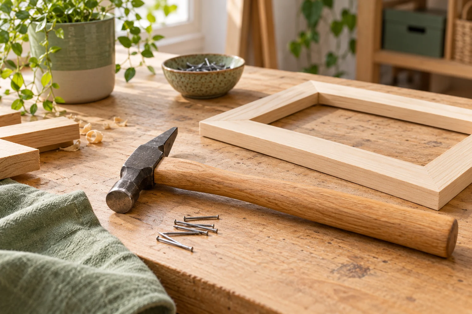 Illustration : marteau de menuisier et petit cadre en bois sur un établi