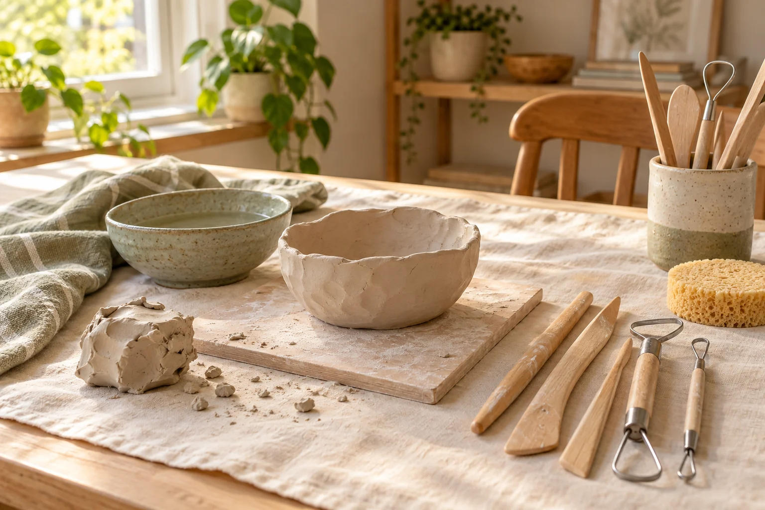 Illustration : outils de modelage et coupelle décorative en argile