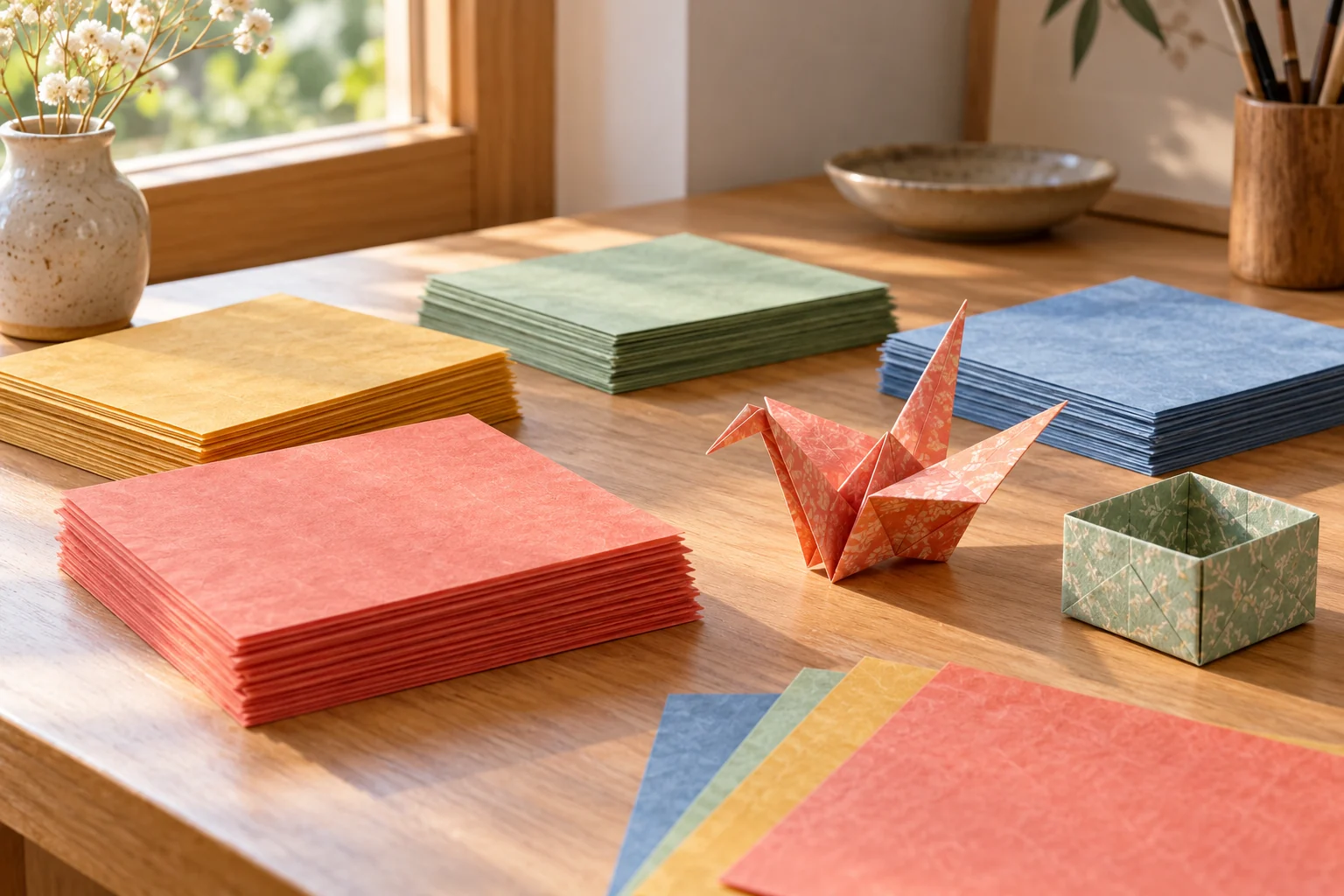Carrés de papier coloré, grue et boîte pliées sur une table, illustration de l’origami