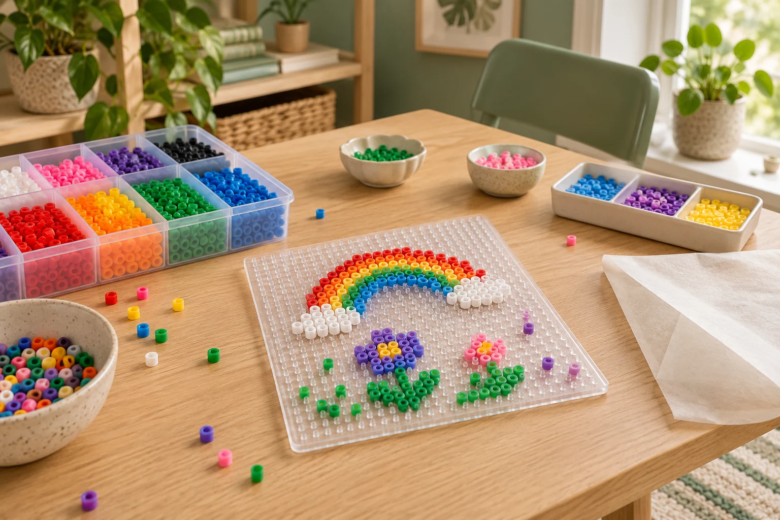 Perles colorées et motif sur plaque, illustration d’un atelier de perles à repasser