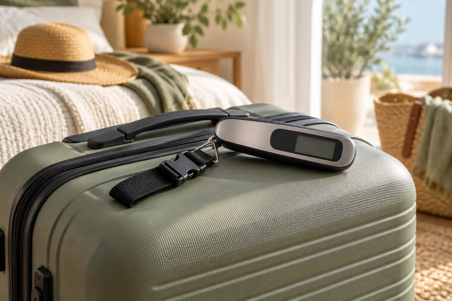 Illustration : pèse-bagage et valise avant le départ