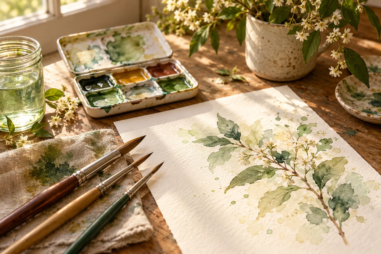 Illustration : pinceaux aquarelle et étude botanique