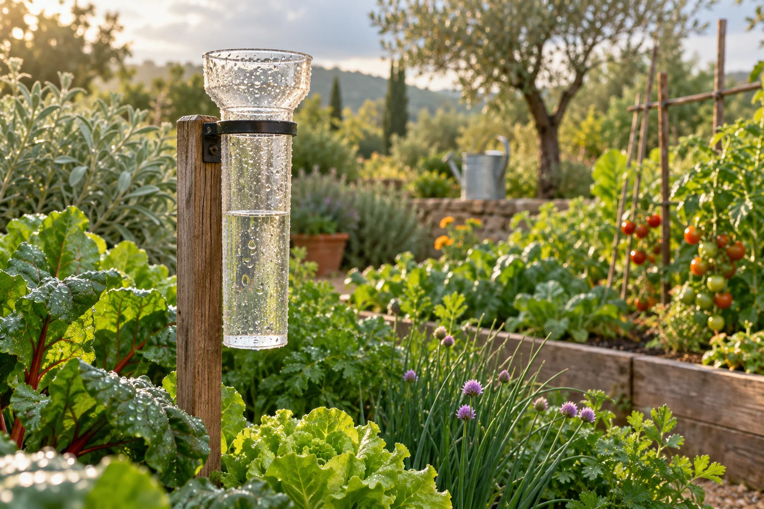 Illustration : pluviomètre manuel installé dans un potager