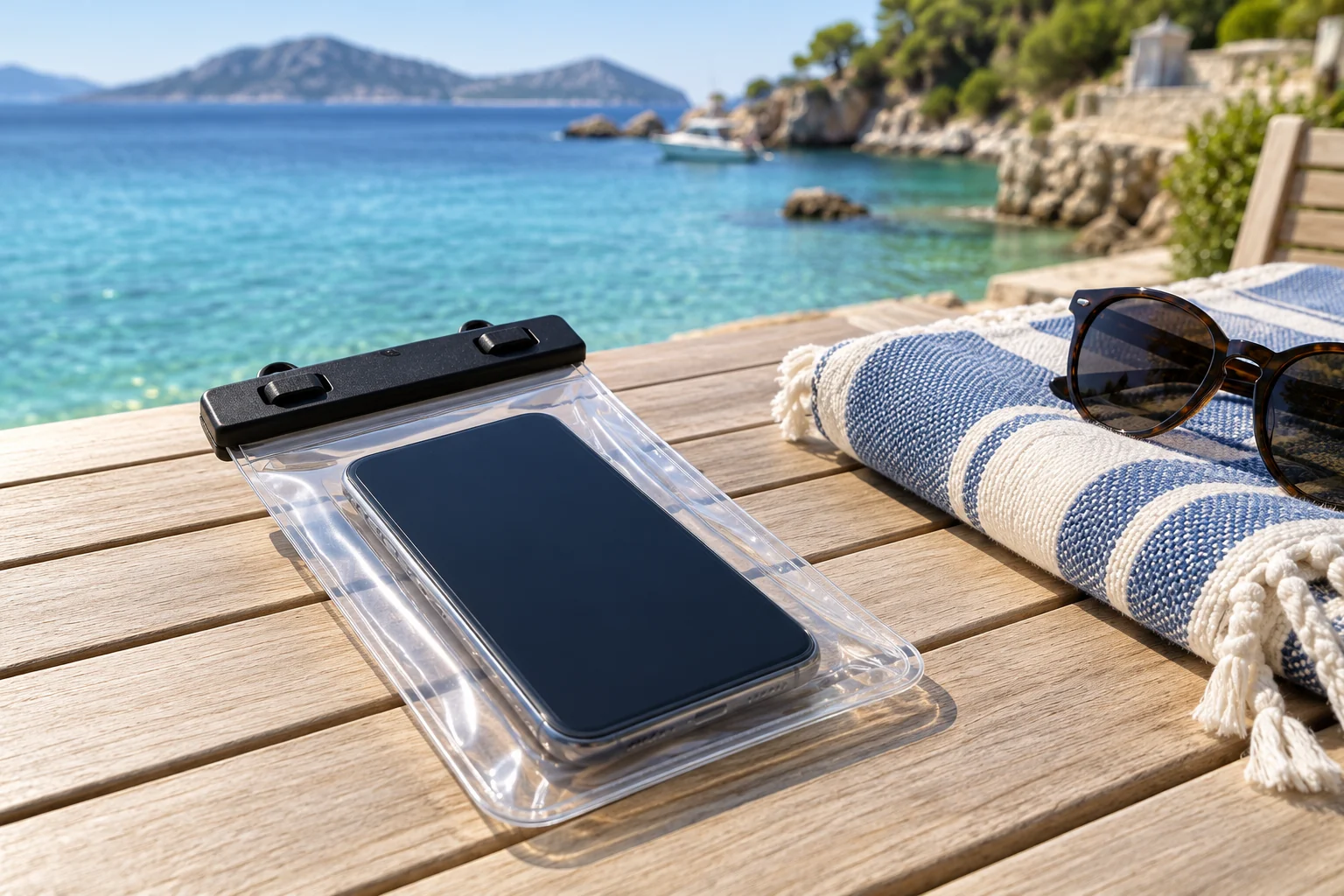 Téléphone dans une pochette transparente sur une table près de la mer, illustration de vacances