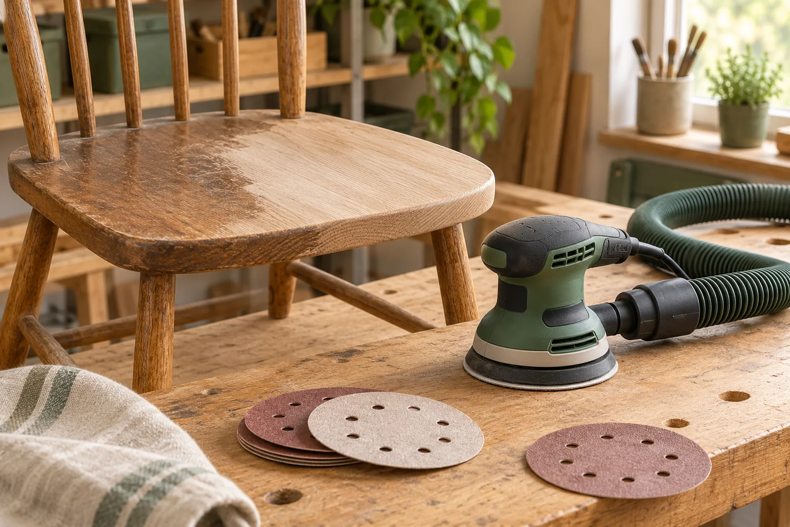 Illustration : ponçage d’un meuble en bois dans un atelier