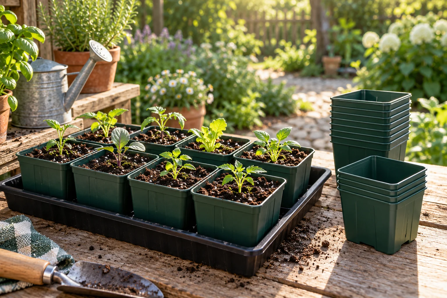 Petits pots de semis réutilisables dans un plateau avec de jeunes plants et des godets empilés