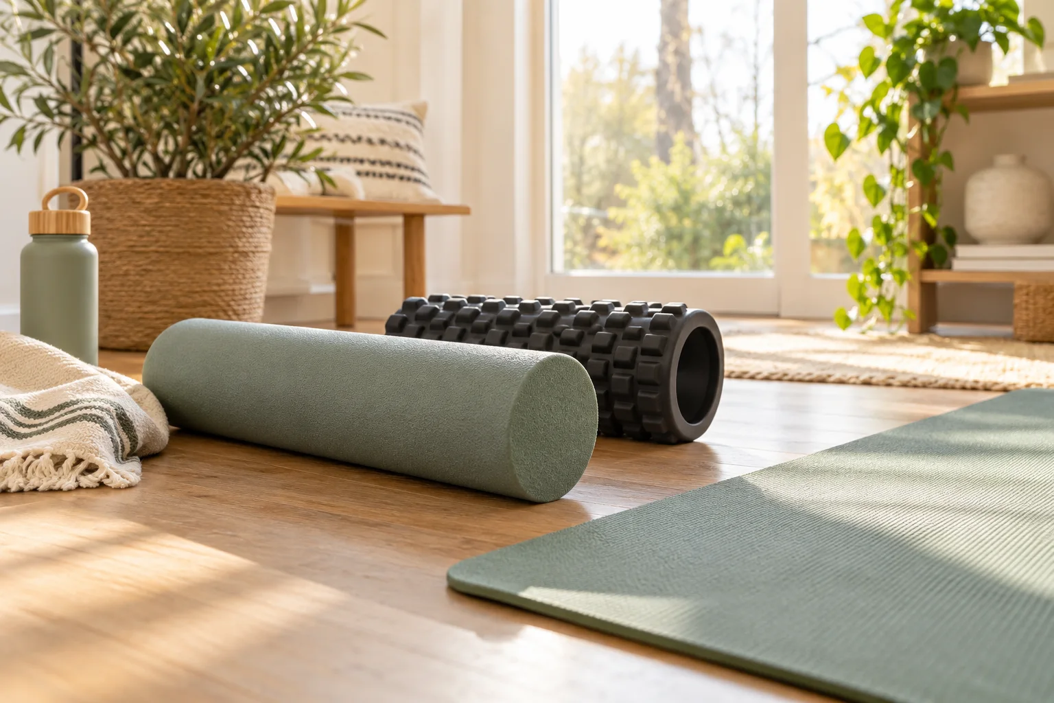 Illustration : rouleau de massage près d’un tapis