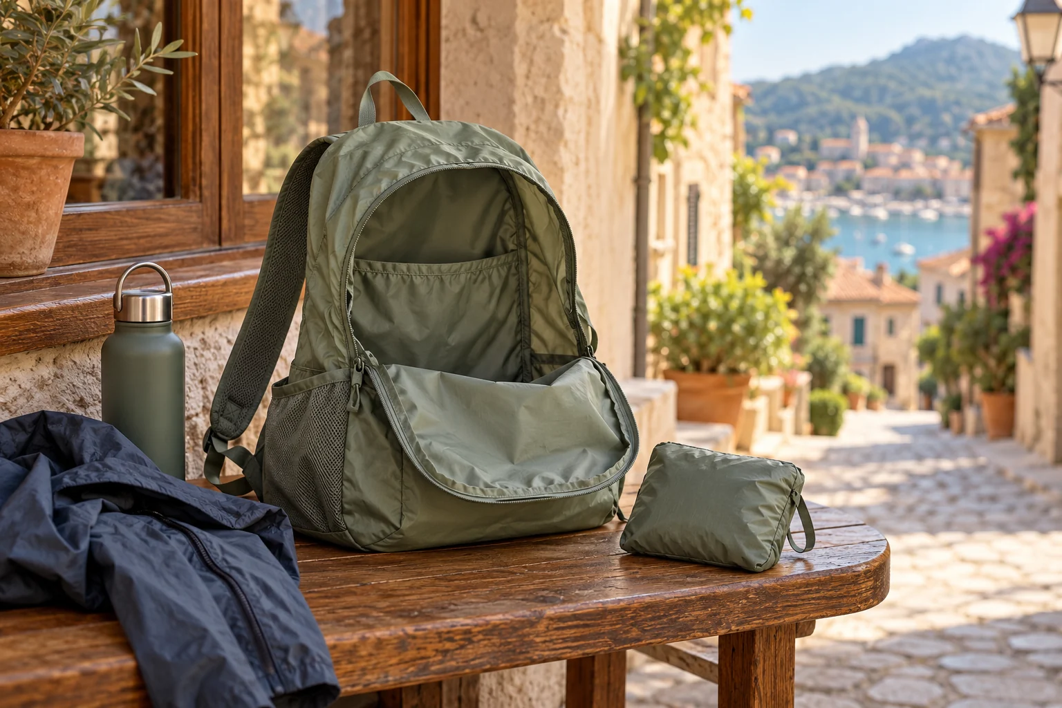 Petit sac à dos pliable et gourde sur un banc, illustration d’une sortie en voyage
