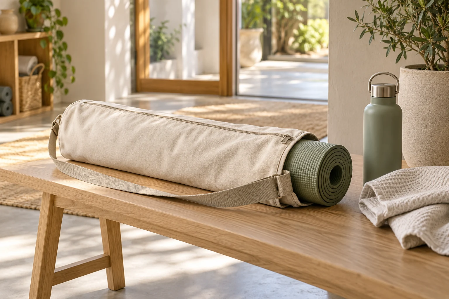 Sac cylindrique pour tapis de yoga ouvert près d’un rouleau vert, d’une serviette et d’une gourde