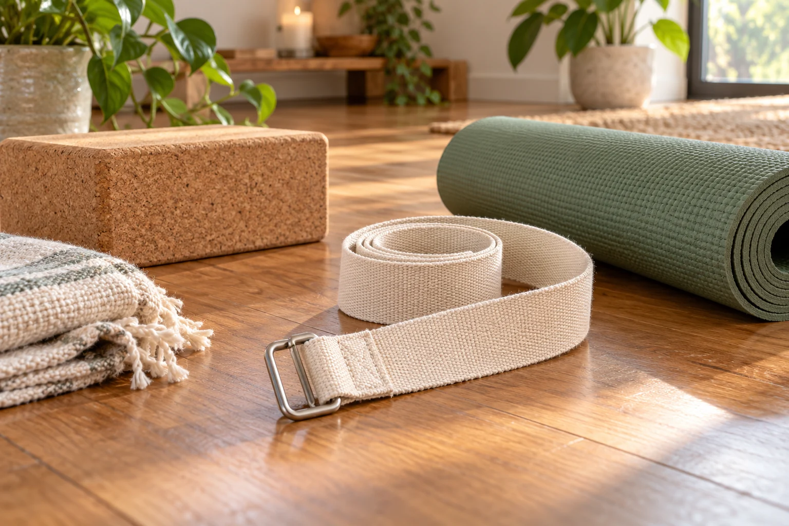 Sangle de yoga en coton avec boucle métallique près d’un tapis vert et d’une brique en liège