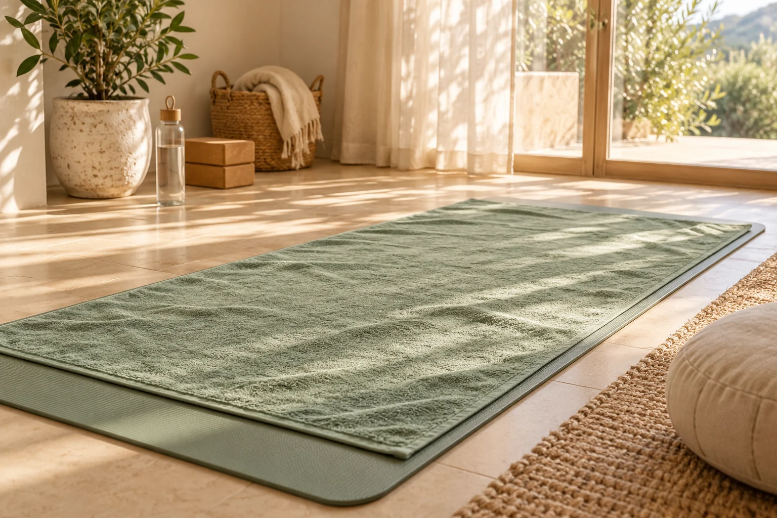 Illustration : serviette de yoga posée sur un tapis