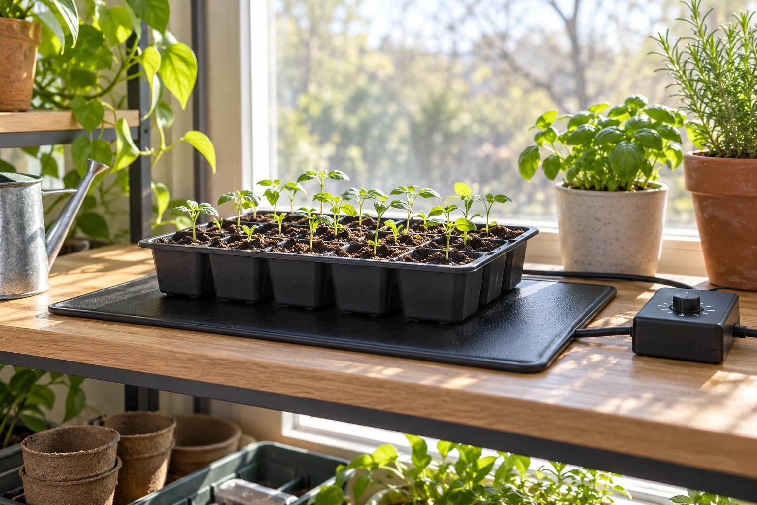 Plateau de semis sur un tapis chauffant horticole avec un boîtier placé au sec près d’une fenêtre
