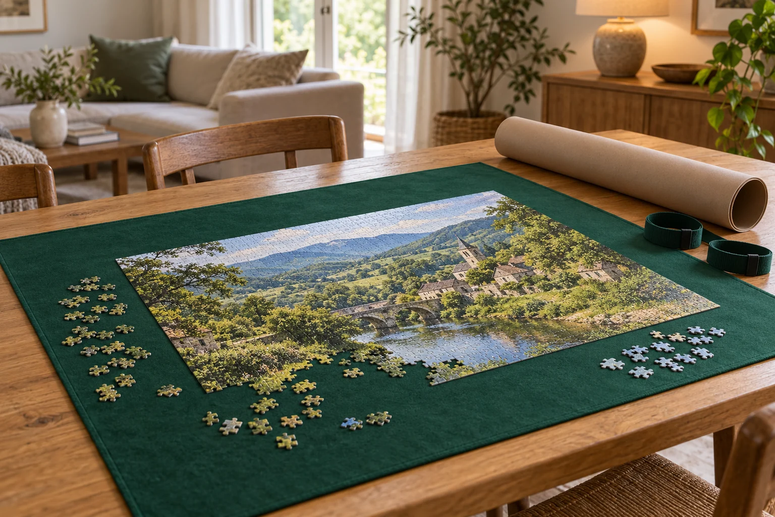 Puzzle en cours sur un tapis en feutre avec tube de rangement, illustration d’un coin loisirs