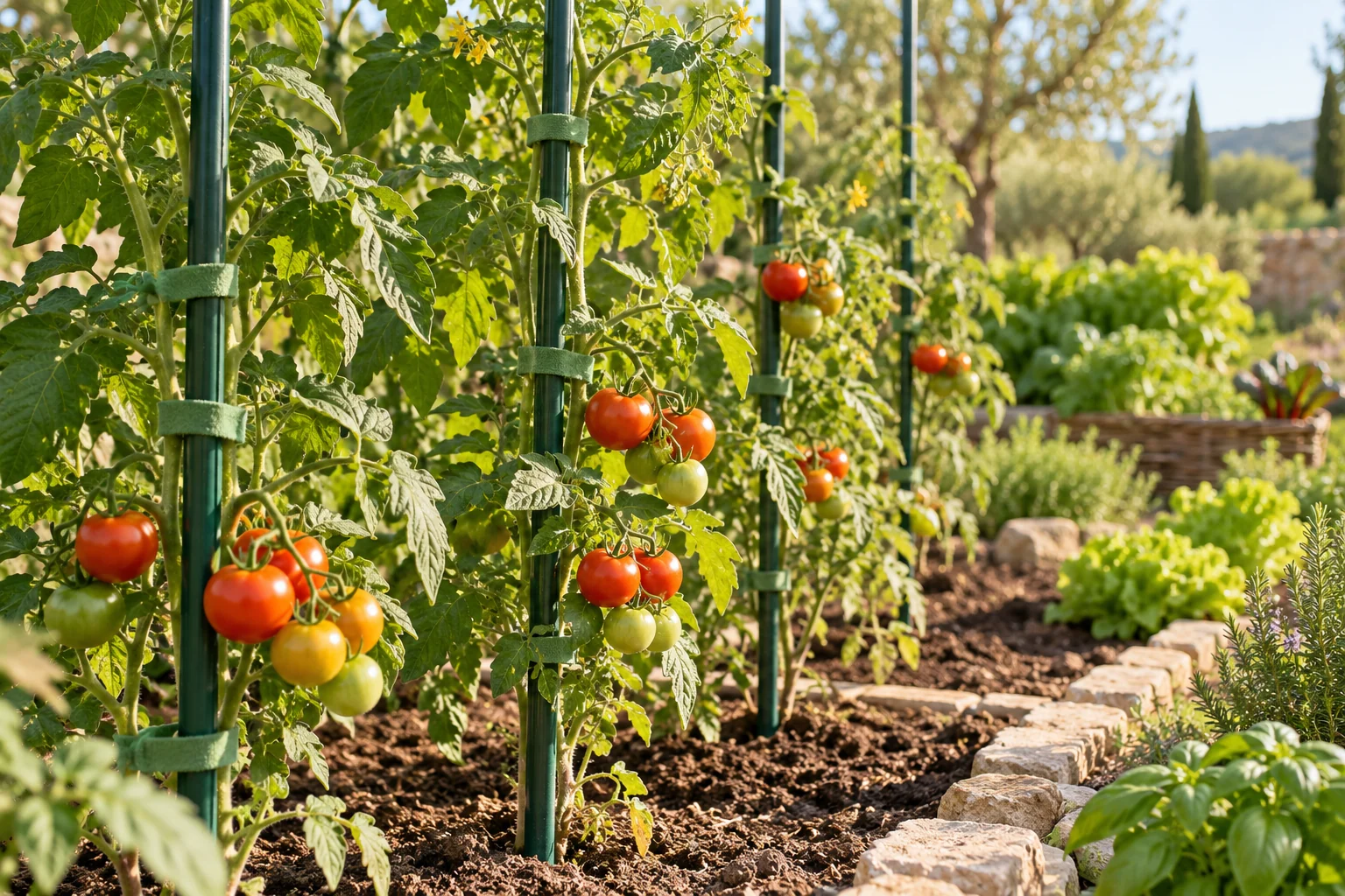 Illustration : plants de tomates soutenus par des tuteurs et liens souples