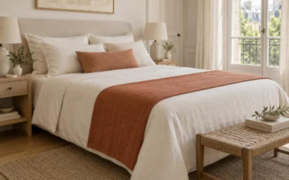 Chemin de lit en lin terracotta disposé au pied d’un lit avec une parure crème