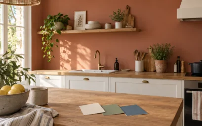 Mur terracotta dans une cuisine blanche et bois avec échantillons de peinture