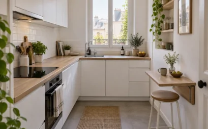 Petite cuisine en L blanche et bois avec tablette repas rabattable