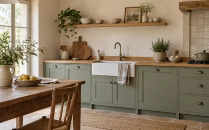 Cuisine de campagne avec façades vert sauge, plan en bois et évier en céramique