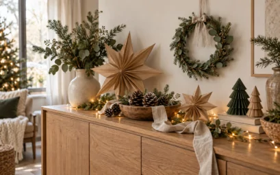 Décorations de Noël faites main en papier kraft, pommes de pin et rubans en lin