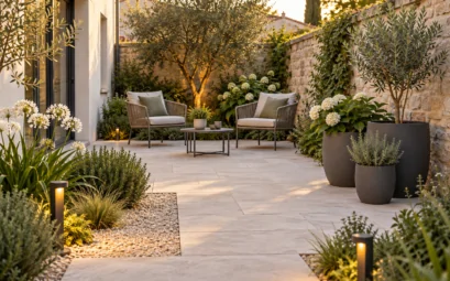 Petite cour moderne avec fauteuils, pots coordonnés et éclairage discret