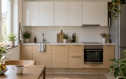 Cuisine claire avec meubles hauts au-dessus d’un plan de travail en bois