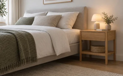 Table de chevet en chêne dont le plateau arrive près du niveau supérieur du matelas