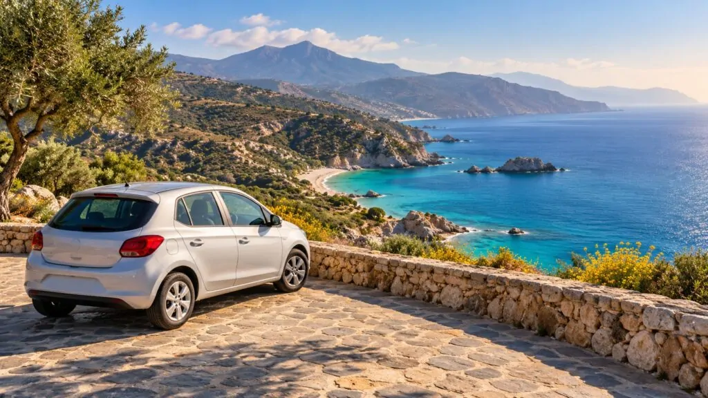 Voiture compacte devant un paysage côtier méditerranéen — illustration